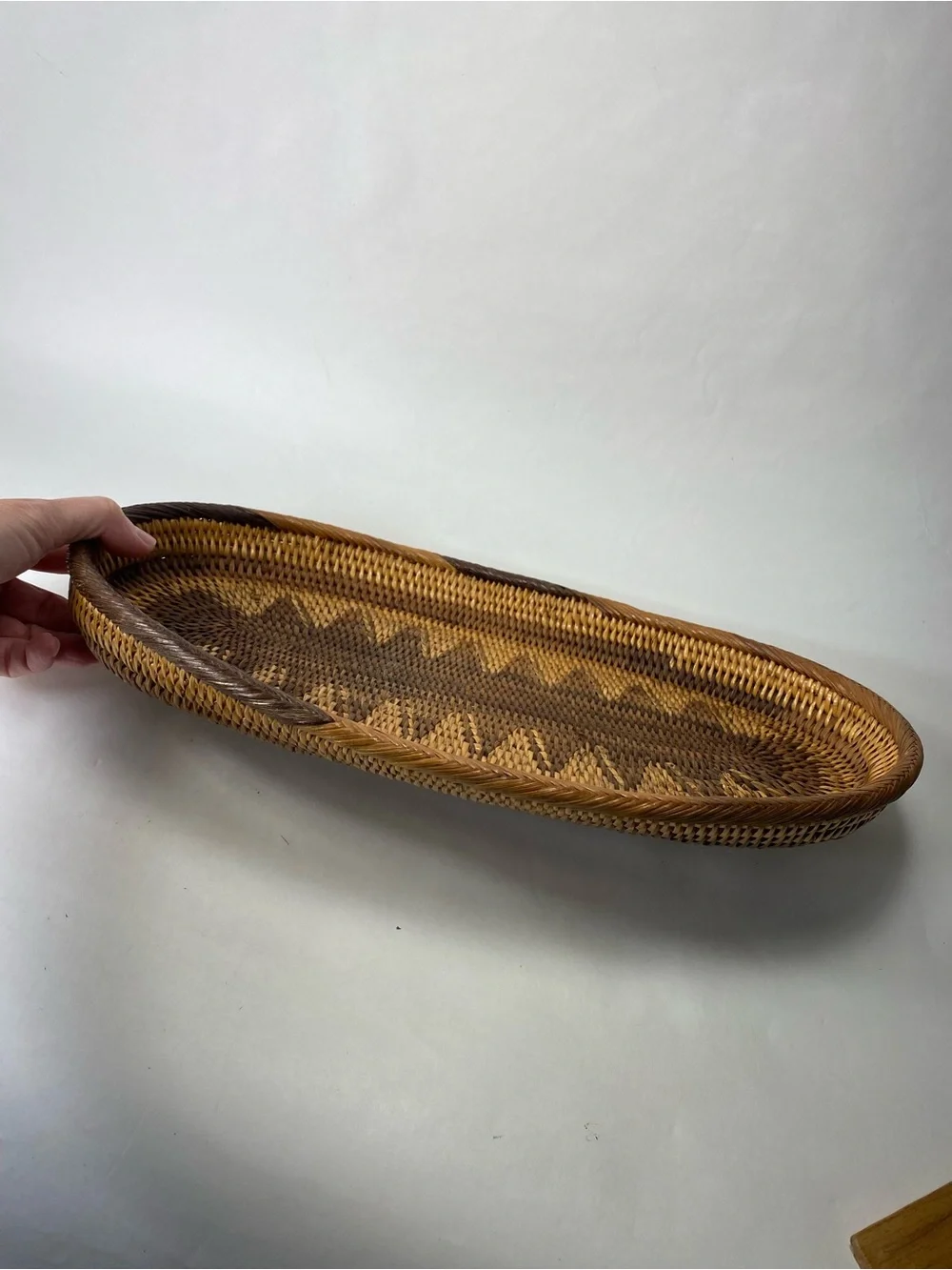 Artisan Two-Tone Hand-Woven Oval Oblong Geometric Pattern Rattan Basket Tray